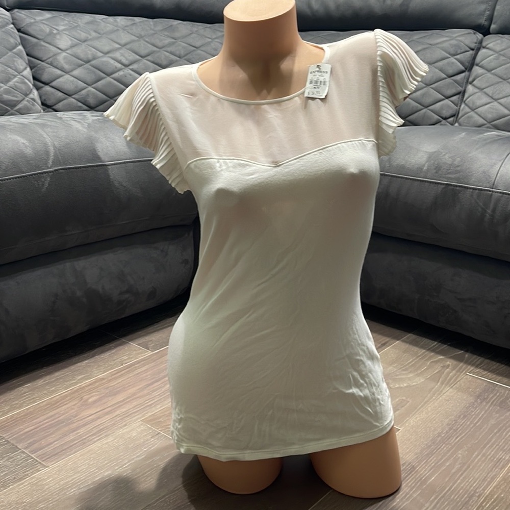 Pleated Sleeve Sheer Yoke Womens Top - Cream